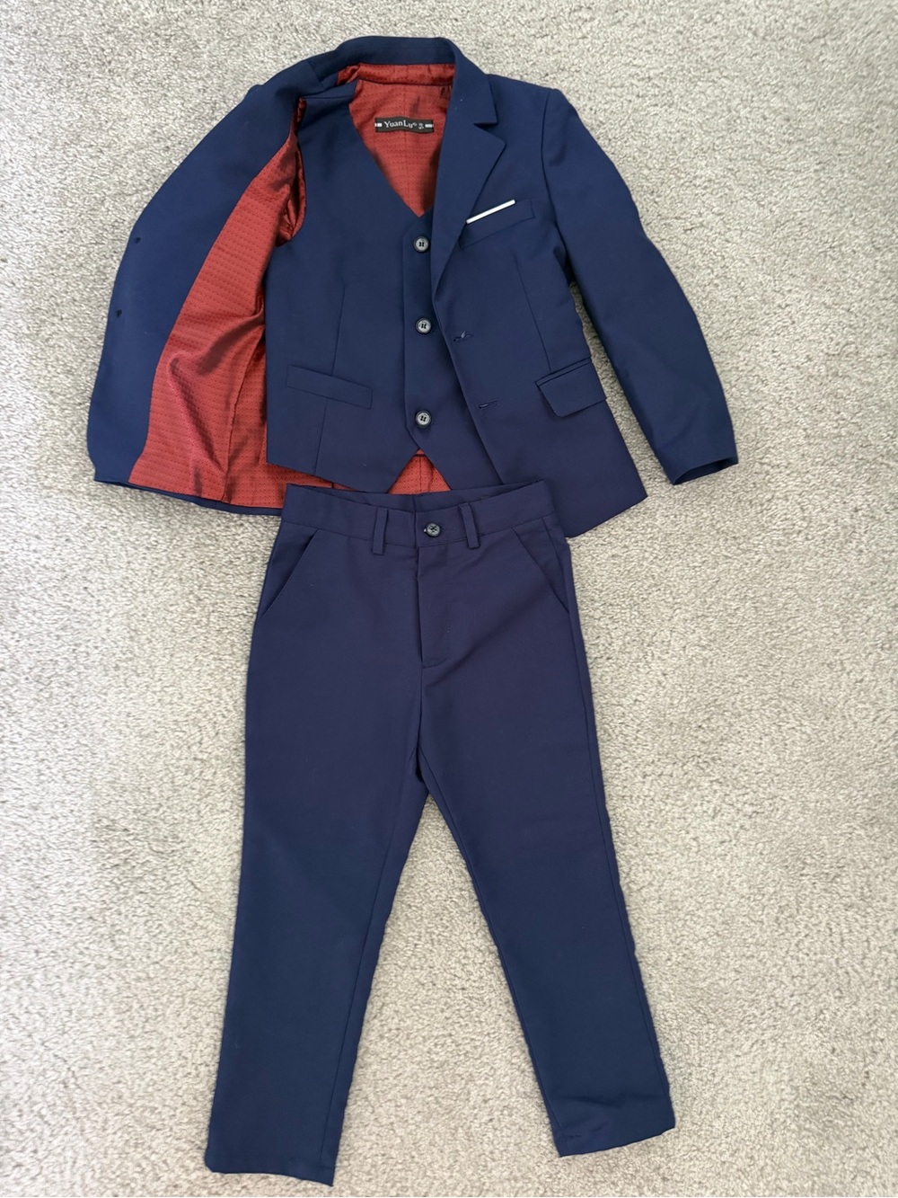 Boys Navy 3-Piece Dress Suit Set with Red Lining